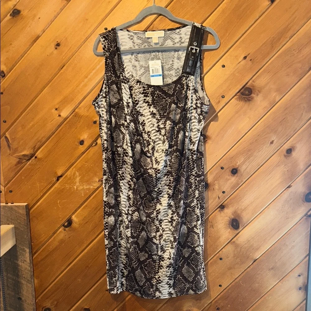Michael Kors Y2K brown snakeskin leather buckle shoulder shift dress NWT